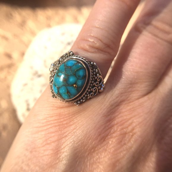 Blue Copper Turquoise .925 Ring Ornate Silver - Picture 8 of 16